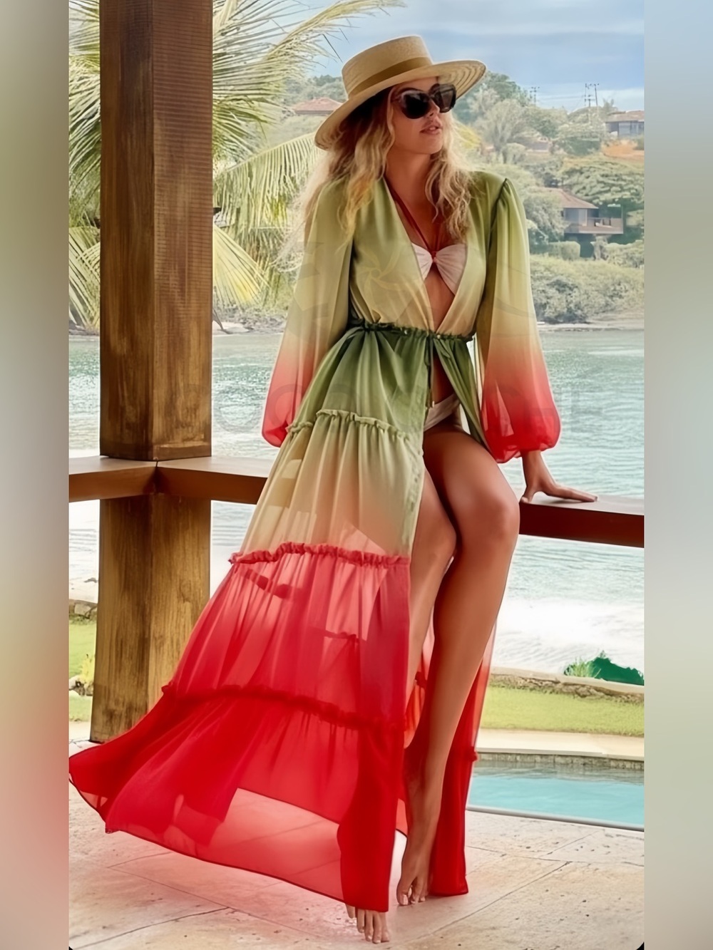 Bohemian Beach Kimono Ombre Print Long Sleeves Swimsuit Coverup Tunic - Picture 6 of 9